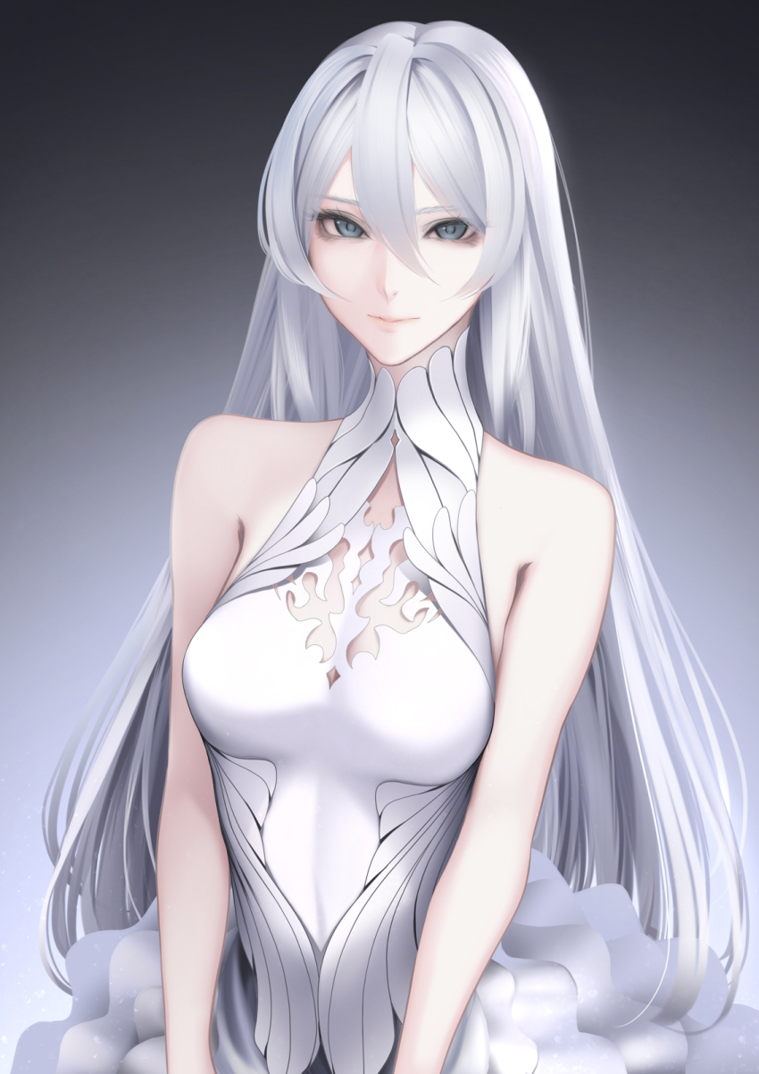 1girl blue_eyes breasts dress erise highres long_hair looking_at_viewer medium_breasts original very_long_hair white_dress white_hair