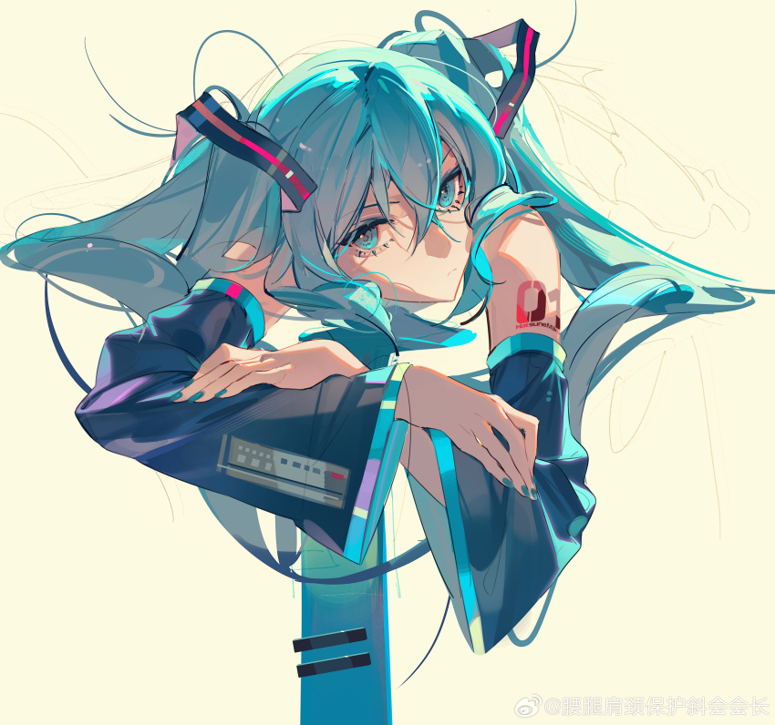 1girl absurdres aqua_eyes aqua_eyeshadow aqua_hair aqua_necktie aqua_trim arm_rest black_sleeves closed_mouth commentary cropped_shoulders crossed_arms detached_sleeves elbow_rest expressionless eyelashes eyeshadow foreshortening hair_between_eyes hair_ornament hashtag-only_commentary hatsune_miku head_down highres leaning_forward long_hair long_sleeves looking_at_viewer loose_hair_strand lying makeup mole mole_on_stomach necktie number_tattoo nyansky partially_colored pleated_skirt shoulder_tattoo simple_background sketch skirt solo symbol-only_commentary tattoo tie_clip turning_head twintails very_long_hair vocaloid weibo_logo weibo_watermark white_background