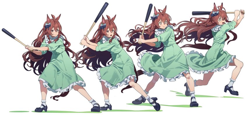 1girl ahoge animal_ears baseball_bat breasts brown_eyes brown_hair casual commentary_request full_body hair_ornament highres horse_ears horse_girl horse_tail long_hair looking_at_viewer medium_breasts mejiro_bright_(umamusume) nishiki_kazue smile solo standing swinging tail umamusume white_background