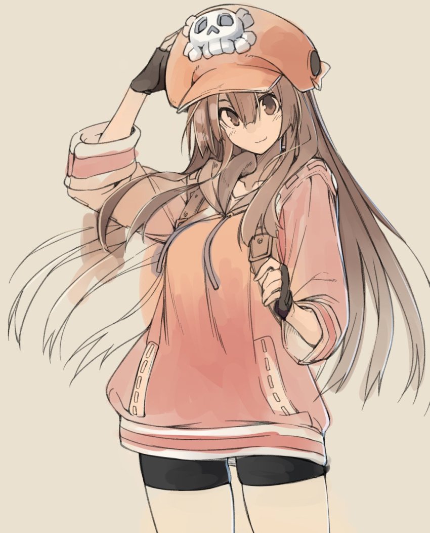 10mo 1girl arm_up backpack bag beige_background black_gloves black_legwear blush brown_eyes brown_hair closed_mouth collarbone fingerless_gloves gloves guilty_gear hair_between_eyes hat highres hood hoodie long_hair may_(guilty_gear) orange_hat orange_hoodie simple_background sketch skull smile solo standing