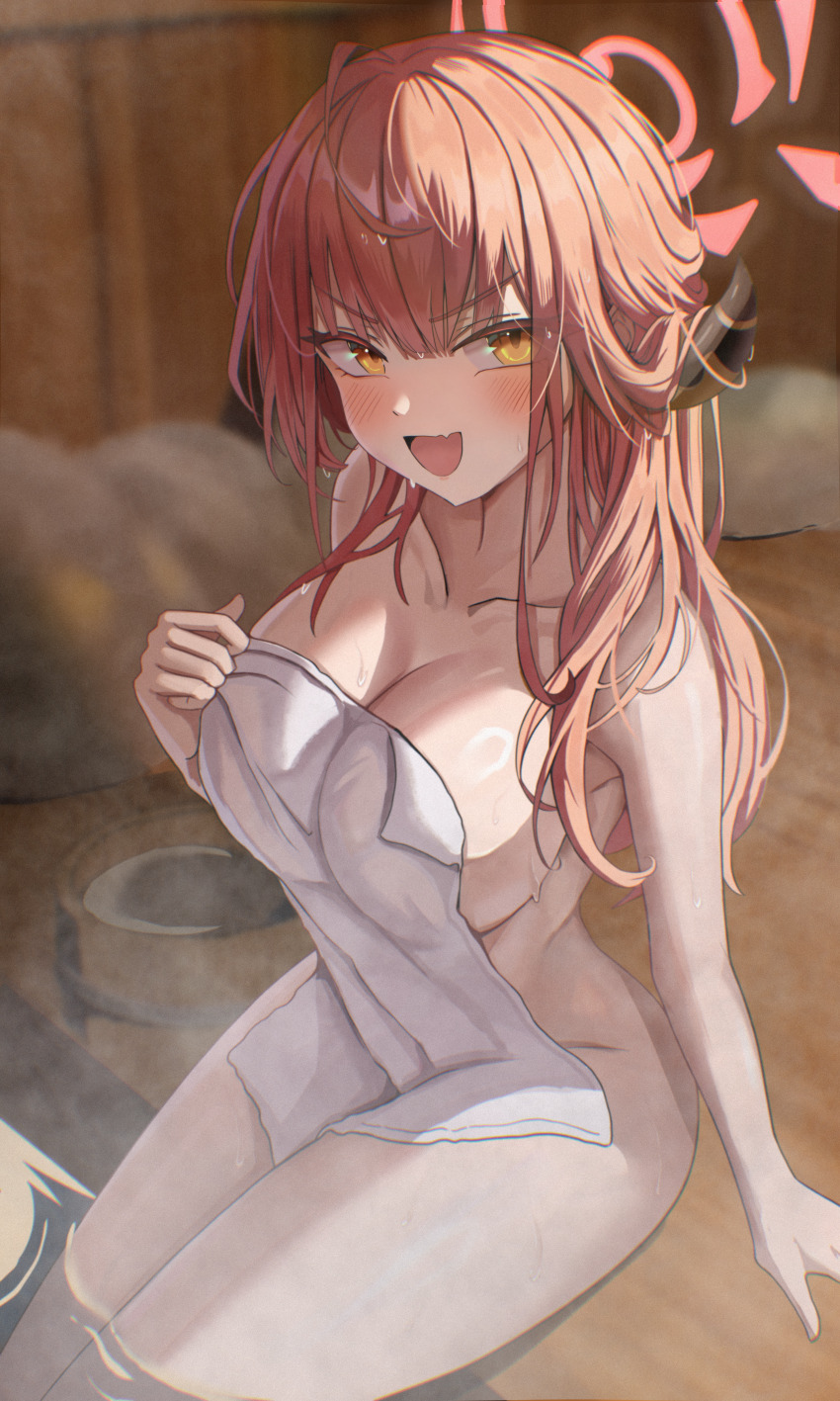 1girl absurdres aru_(blue_archive) bare_arms blue_archive breasts bucket collarbone commentary demon_girl demon_horns fang halo highres horns large_breasts long_hair looking_at_viewer naked_towel onsen open_mouth orange_eyes red_eyes red_hair red_halo sideboob sitting skin_fang smile solo steam thighs towel v-shaped_eyebrows wet wet_hair wooden_bucket zzirit6