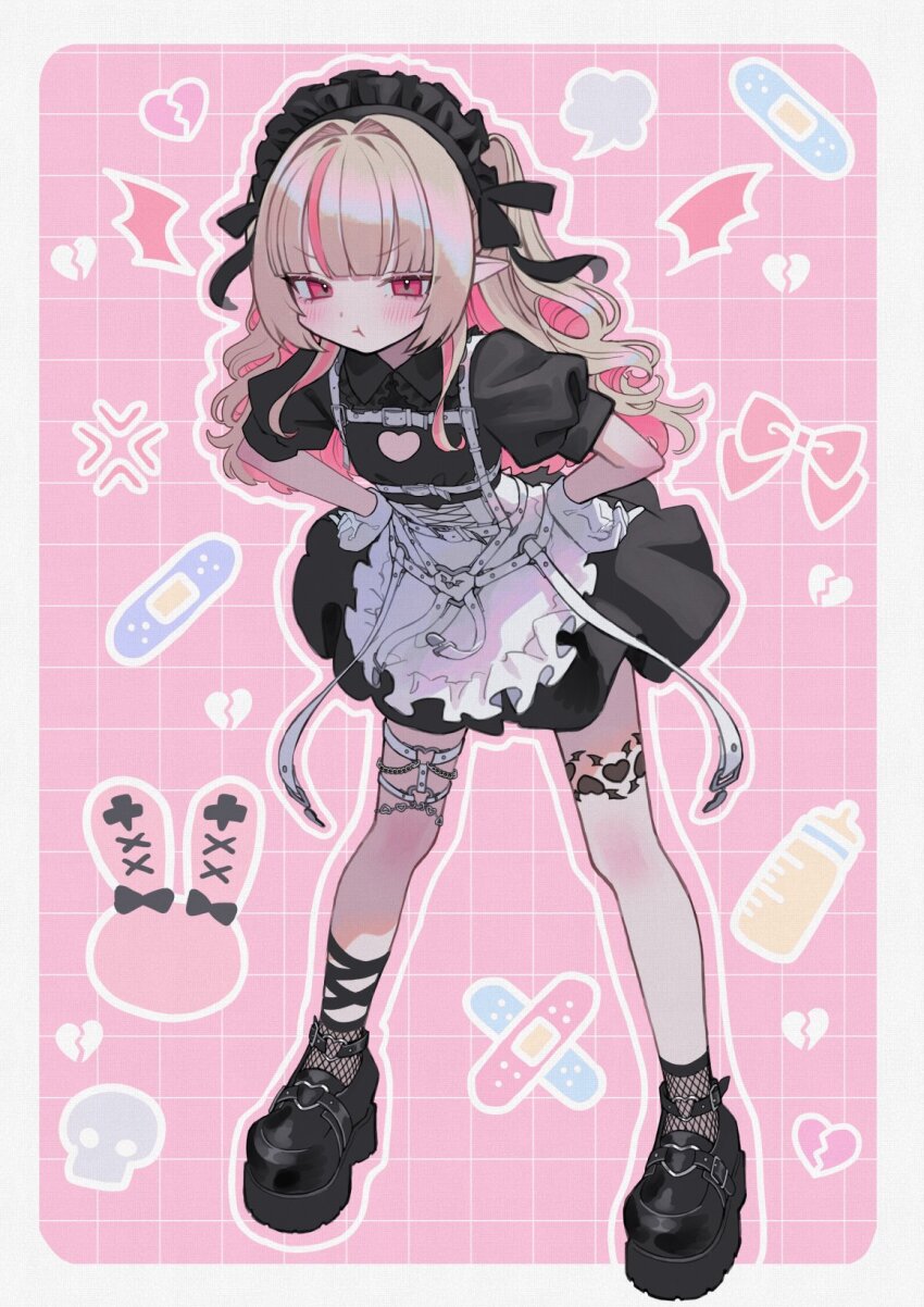 1girl apron baby_bottle bandaid black_dress black_headdress bottle chest_harness clothing_cutout dress fishnet_socks fishnets flat_chest full_body gloves harness heart heart_cutout heart_tattoo highres leaning_forward leg_tattoo makaino_ririmu makaino_ririmu_(5th_costume) nelta_rene nijisanji platform_footwear pout socks solo tattoo thigh_strap white_gloves