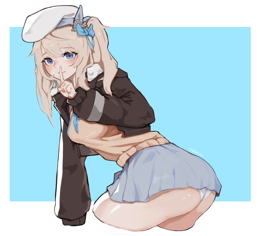 1girl absurdres ass black_jacket blonde_hair blue_background blue_bow blush border bow cropped_arms cropped_jacket cropped_legs finger_to_mouth girls&#039;_frontline girls&#039;_frontline_2:_exilium grey_skirt hair_bow hat highres i_bucket jacket long_hair long_sleeves miniskirt open_clothes open_jacket panties pleated_skirt shushing side_ponytail simple_background skirt solo twitter_username underwear vepley_(girls&#039;_frontline_2) vest wedgie white_border white_hat white_panties yellow_vest