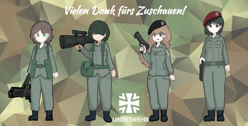 4girls advanced_combat_rifle_(military_program) advanced_individual_weapon_system_(military_program) advanced_infantry_weapon_system_(military_program) army assault_rifle association_for_caseless_rifle_systems black_eyes black_hair blonde_hair brown_hair bullpup bundeswehr carbine caseless_ammunition_rifle_system_(military_program) caseless_firearm german_army gesellschaft_fur_hulsenlose_gewehrsysteme green_eyes gun h&amp;k_acr h&amp;k_g11 h&amp;k_g11k2 h&amp;k_lmg11 h&amp;k_nbw hair_over_eyes handgun hat heckler_&amp;_koch high-capacity_magazine holster horizontal_magazine horizontal_pupils light_machine_gun long_hair machine_gun military military_uniform multiple_girls no_pupils original pdw-caliber_pistol personal_defense_weapon pistol rifle short_hair translation_request user_dwmr8542 weapon weapon_focus