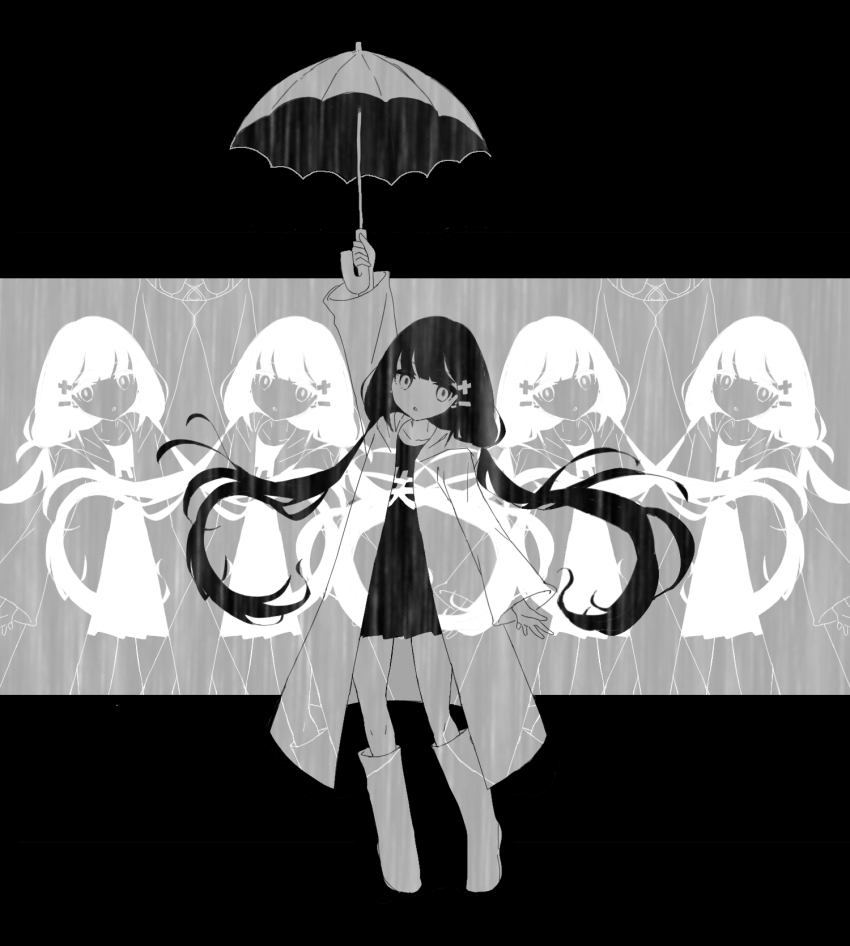 1girl :o ao_shirokuro black_border boots border coat collarbone full_body grey_background hair_ornament hairclip highres holding holding_umbrella inabakumori jitome letterboxed long_shirt looking_at_viewer lost_umbrella_(vocaloid) low_twintails monochrome open_clothes open_coat open_mouth osage_(nukunuku_nigirimeshi) print_shirt rain recurring_image shirt solo standing twintails umbrella vocaloid