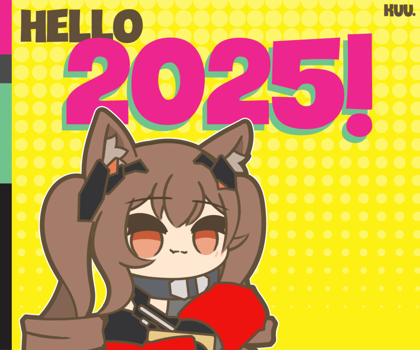 1girl 2025 :3 :d angelina_(arknights) angelina_(endfield)_(arknights) animal_ear_fluff animal_ears animated animated_gif arknights arknights:_endfield arm_up artist_name black_gloves brown_hair chibi commentary confetti dress drill_hair english_commentary fox_ears gloves grey_dress headgear highres jacket kuhl-notes low_drills new_year no_nose no_pupils open_clothes open_jacket open_mouth red_eyes red_jacket sidelocks smile solo throwing twin_drills upper_body yellow_background