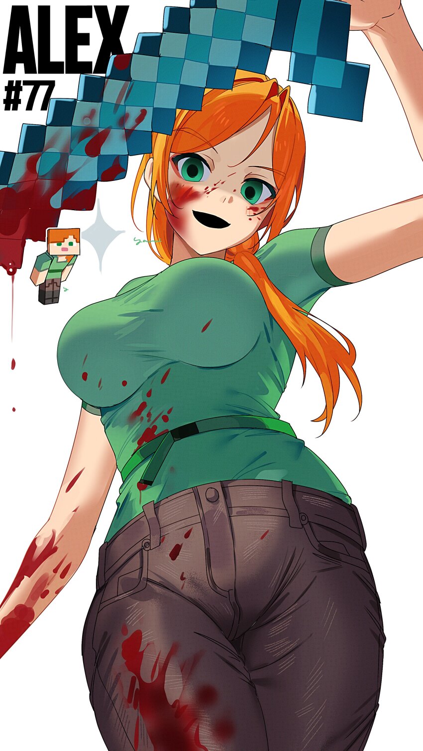 1girl absurdres alex_(minecraft) blood blood_on_arm blood_on_clothes blood_on_face bloody_weapon bright_pupils brown_pants character_name evil_grin evil_smile green_eyes green_shirt grin highres long_hair looking_at_viewer minecraft minecraft_sword orange_hair pants ponytail shirt short_sleeves simple_background smile solo sparkle sword weapon white_background white_pupils yasaikakiage