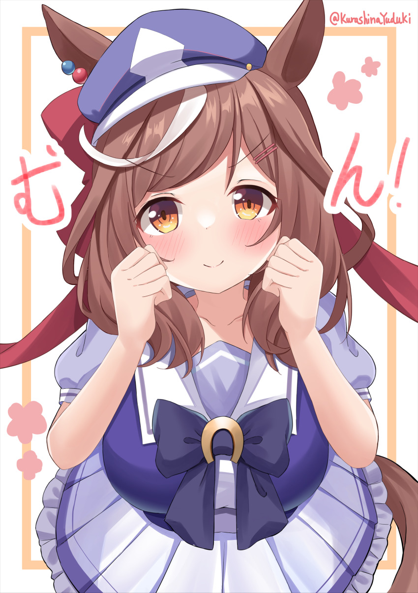 &gt;:) 1girl absurdres animal_ears black_bow blue_hat blush bow breasts brown_eyes brown_hair cabbie_hat clenched_hands closed_mouth collarbone commentary_request ei_ei_mun! frilled_skirt frills hair_ornament hairclip hands_up hat highres horse_ears horse_girl horse_tail kurashina_yuzuki looking_at_viewer matikane_tannhauser_(umamusume) medium_breasts multicolored_hair pleated_skirt puffy_short_sleeves puffy_sleeves purple_shirt school_uniform shirt short_sleeves skirt smile solo streaked_hair tail tracen_school_uniform twitter_username umamusume v-shaped_eyebrows white_background white_hair white_skirt