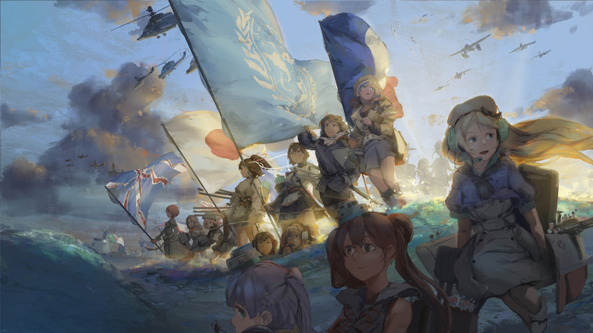 aircraft ark_royal_(kancolle) arrow_(projectile) ashigara_(kancolle) beret black_skirt blonde_hair bow_(weapon) brown_eyes brown_hair commandant_teste_(kancolle) commentary english_commentary fairy_(kancolle) flag flight_deck french_flag gloves hair_ornament hair_ribbon hairband hairclip harusame_(kancolle) hat helicopter highres hyuuga_(kancolle) i-26_(kancolle) i-401_(kancolle) ise_(kancolle) japanese_flag jervis_(kancolle) kantai_collection katana libeccio_(kancolle) long_hair machinery maestrale_(kancolle) minegumo_(kancolle) mini_person minigirl multiple_girls nontraditional_miko ocean open_mouth outdoors pantyhose ponytail ribbon samidare_(kancolle) scenery sheath ship_turret short_hair skirt smile standing sword tagme uniform union_jack united_nations unsheathing wavy_hair weapon white_gloves ye_fan