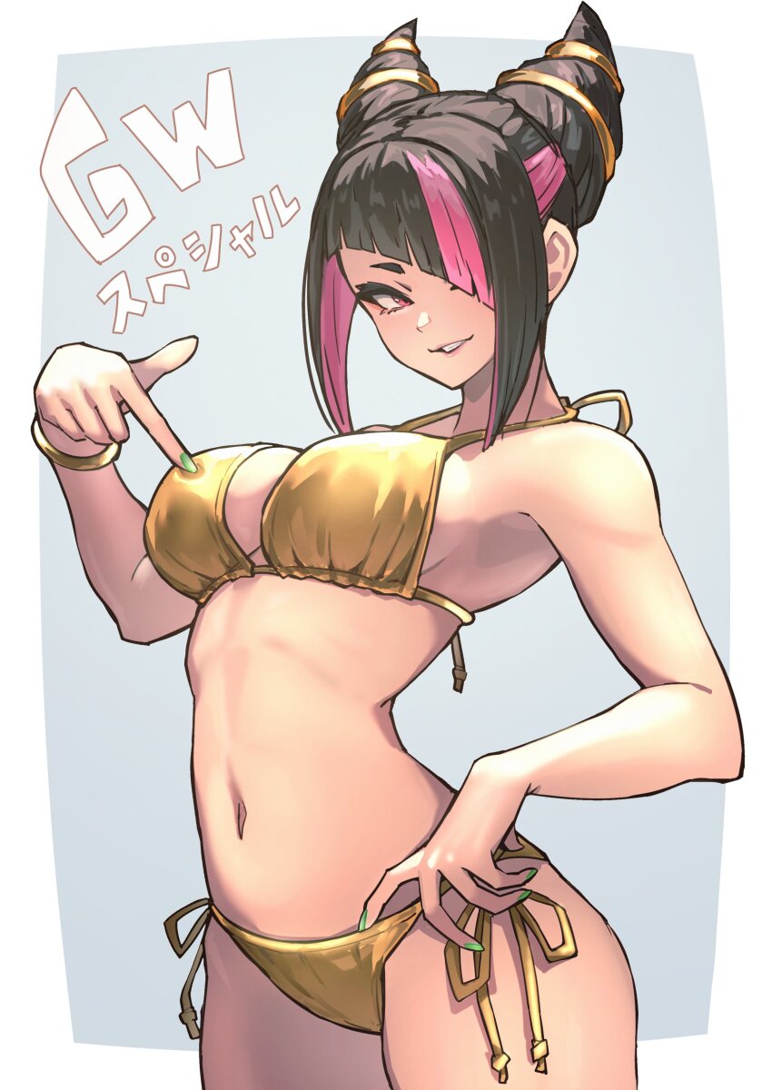 1girl absurdres ap_cammy bikini black_hair bracelet breasts capcom drill_hair gold_bikini green_nails han_juri highres jewelry large_breasts looking_at_viewer multicolored_hair navel pointing_at_breasts sideboob simple_background smirk solo streaked_hair street_fighter swimsuit twin_drills