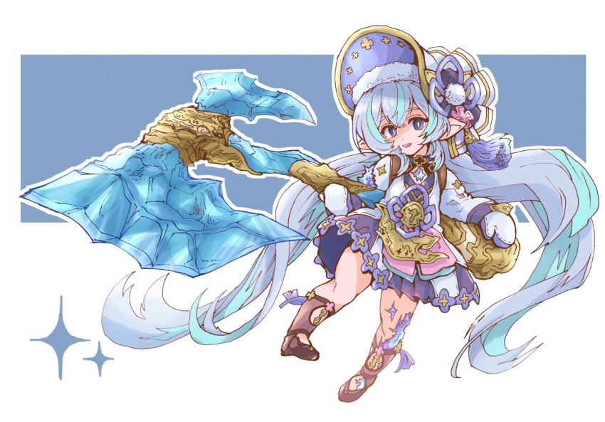 1girl axe bonnet dress gloves granblue_fantasy green_hair hair_between_eyes harvin holding holding_axe koji_aotokage long_hair long_sleeves looking_at_viewer multicolored_hair purple_hair simple_background solo streaked_hair twintails uruki_(granblue_fantasy) very_long_hair white_dress