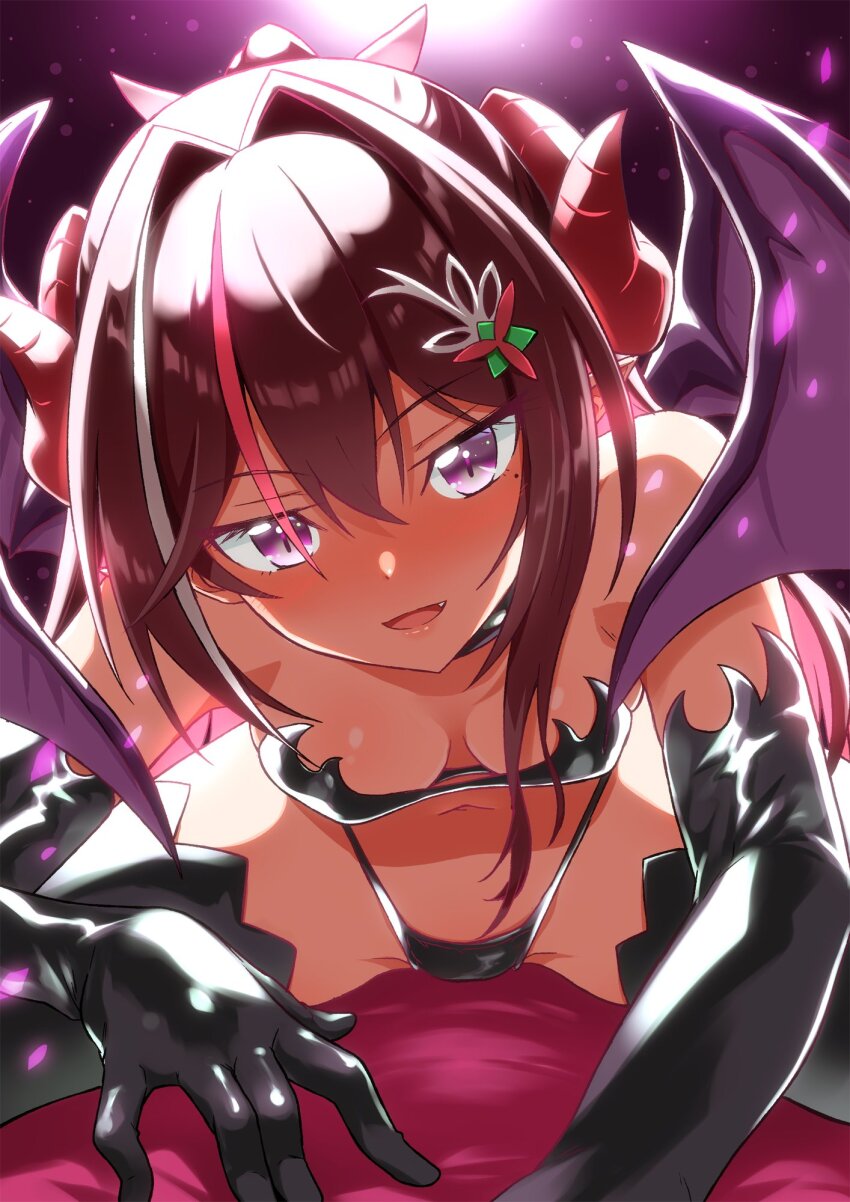 1girl azki_(hololive) bare_shoulders bikini black_bikini black_gloves breasts brown_hair dark_background demon_girl demon_horns demon_wings elbow_gloves gloves highres hololive horns long_hair mole mole_under_eye multicolored_hair pink_hair purple_eyes purple_wings small_breasts solo streaked_hair swimsuit virtual_youtuber white_hair wings yuto_(dialique)