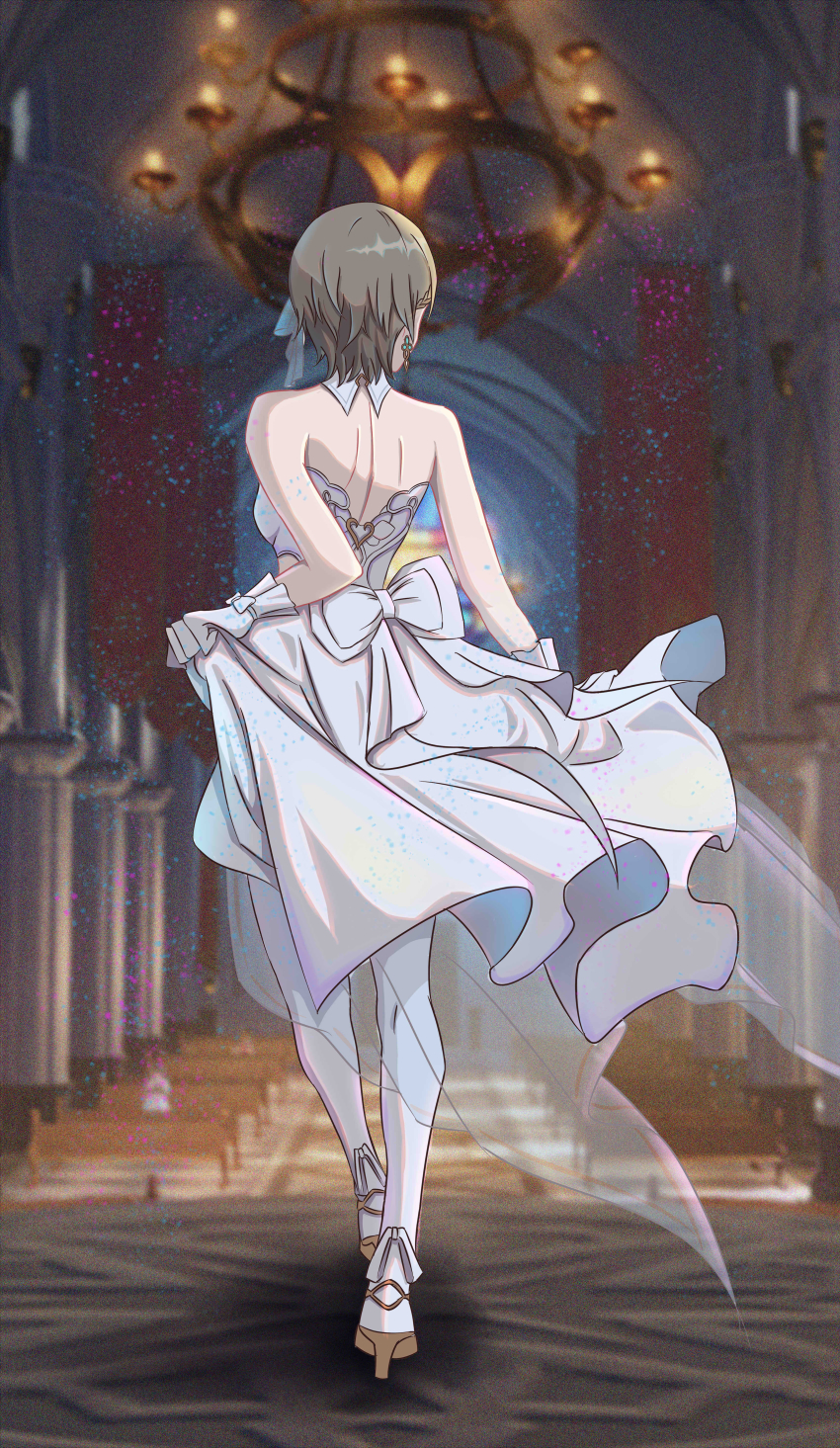 1girl absurdres back bare_shoulders blurry blurry_background brown_hair chandelier church dress full_body gloves highres honkai_(series) honkai_impact_3rd indoors jin_li_(107194530) rita_rossweisse rita_rossweisse_(artemis) rita_rossweisse_(vow_of_roses) shoes short_hair solo standing strapless strapless_dress wedding_dress white_dress white_footwear white_gloves white_legwear