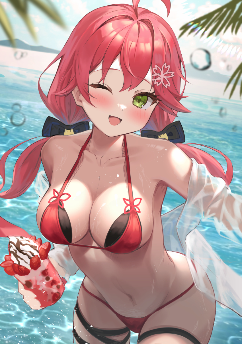 1girl ;d absurdres ahoge bikini blush breasts cleavage collarbone cup dessert dodota dot_nose food fruit green_eyes hair_between_eyes hair_ornament hairclip halterneck highres holding holding_cup hololive ice_cream ice_cream_float long_hair looking_at_viewer low_twintails medium_breasts navel ocean one_eye_closed open_mouth outdoors pink_hair red_bikini sakura_miko smile solo strawberry string_bikini swimsuit thigh_strap twintails virtual_youtuber water wet