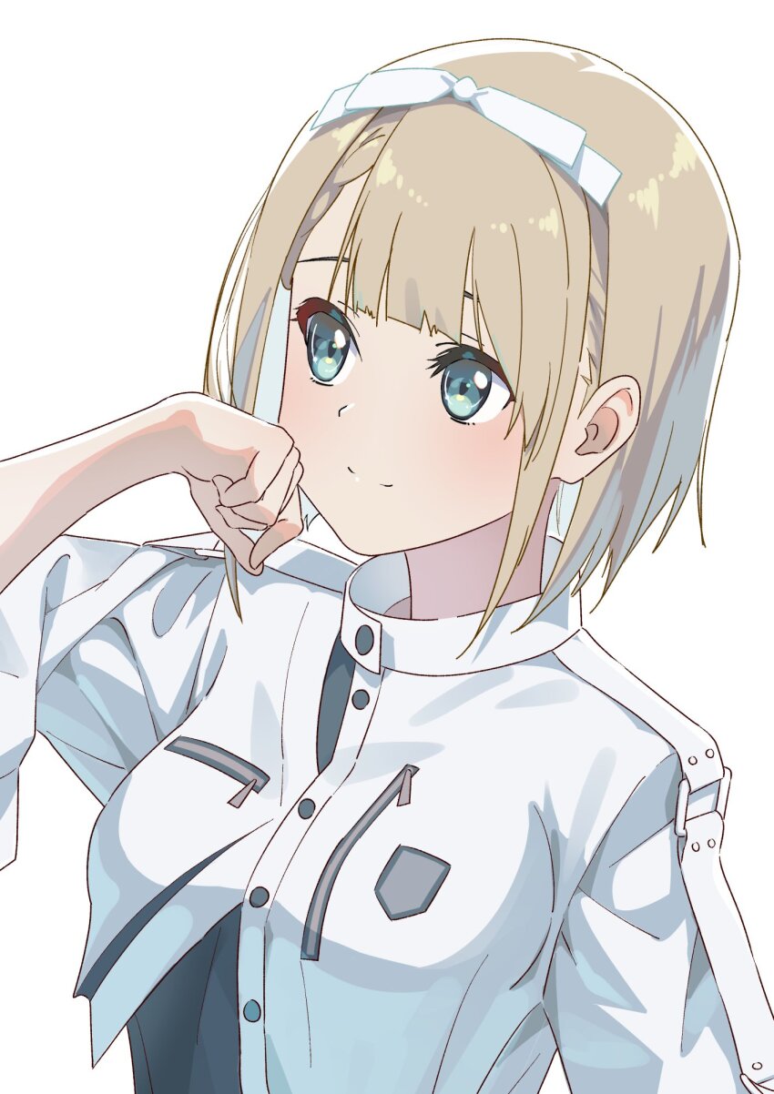 1girl 22/7 blonde_hair closed_mouth furumoto green_eyes hairband hand_on_own_chest highres looking_to_the_side multicolored_clothes ribbon saito_nicole short_hair simple_background solo upper_body white_background white_hairband white_ribbon