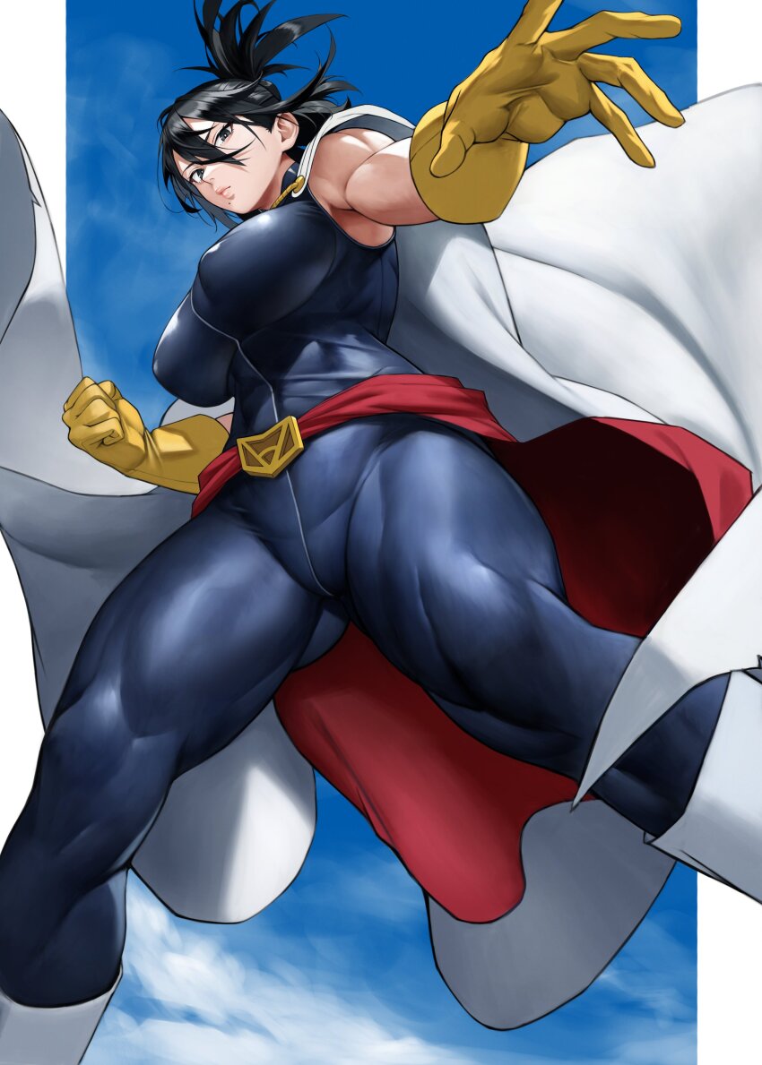 1girl absurdres black_bodysuit black_eyes black_hair bodysuit boku_no_hero_academia breasts cape clenched_hand covered_navel gloves highres large_breasts mole mole_under_mouth muscular muscular_female shimura_nana skin_tight sleeveless sleeveless_bodysuit solo superhero_costume white_cape yellow_gloves yoshio_(55level)