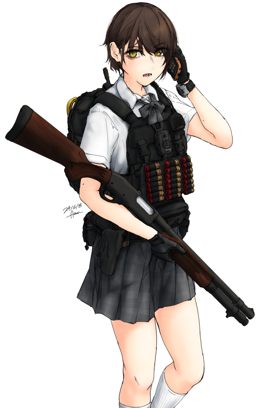 1girl aze_(tyranno-link) backpack bag black_gloves bow bowtie brown_hair collared_shirt dated gloves green_eyes grey_bow grey_bowtie grey_skirt gun handgun highres holding holding_gun holding_weapon holster load_bearing_vest looking_at_viewer mole mole_on_arm mole_on_neck open_mouth original phone plaid_clothes plaid_skirt pleated_skirt school_uniform shirt short_hair shotgun signature skirt socks solo talking_on_phone watch weapon white_background white_shirt white_socks wristwatch