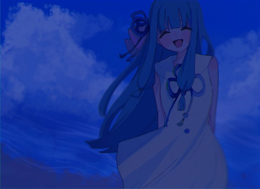 1girl arms_behind_back bad_id bad_twitter_id blue_hair blue_ribbon blue_theme blush closed_eyes cloud cowboy_shot dress facing_viewer floating_hair flower_knot hair_ribbon highres inactive_account kotonoha_aoi long_hair mu_(fyt8ozu7rxqyoy4) neck_ribbon open_mouth ribbon sleeveless sleeveless_dress smile solo standing voiceroid white_dress