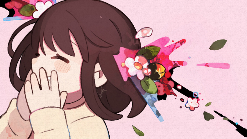 1girl blush_stickers brown_hair closed_eyes flower from_side hair_flower hair_ornament hand_to_own_mouth highres leaf long_sleeves medium_hair original own_hands_together pink_background shirt sidelocks splatter teeth upper_body white_flower white_shirt yknsugar