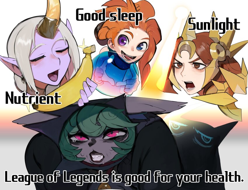 4girls :d anger_vein animal_nose aqua_hair armor bags_under_eyes banana blue_eyes brown_eyes clenched_teeth closed_eyes colored_skin earrings english_text food fruit furry furry_female gold_armor grey_hair heterochromia highres holding holding_food holding_fruit horns jewelry jpeg_artifacts league_of_legends leona_(league_of_legends) living_shadow long_hair multiple_girls open_mouth orange_hair pink_eyes pointy_ears purple_eyes purple_skin raichiyo red_hair sharp_teeth short_hair smile soraka_(league_of_legends) sparkle sweat teeth v-shaped_eyebrows vex_(league_of_legends) vex_shadow_(league_of_legends) yellow_horns yordle zoe_(league_of_legends)