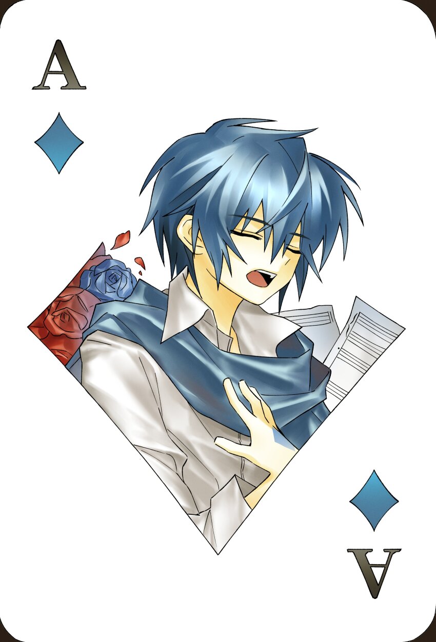 1boy absurdres ace_(playing_card) ace_of_diamonds blue_flower blue_hair blue_rose card closed_eyes diamond_(shape) flower highres hitobashira_alice_(vocaloid) hynn0x_x kaito_(vocaloid) open_mouth paper playing_card red_flower red_rose rose scarf shirt solo vocaloid