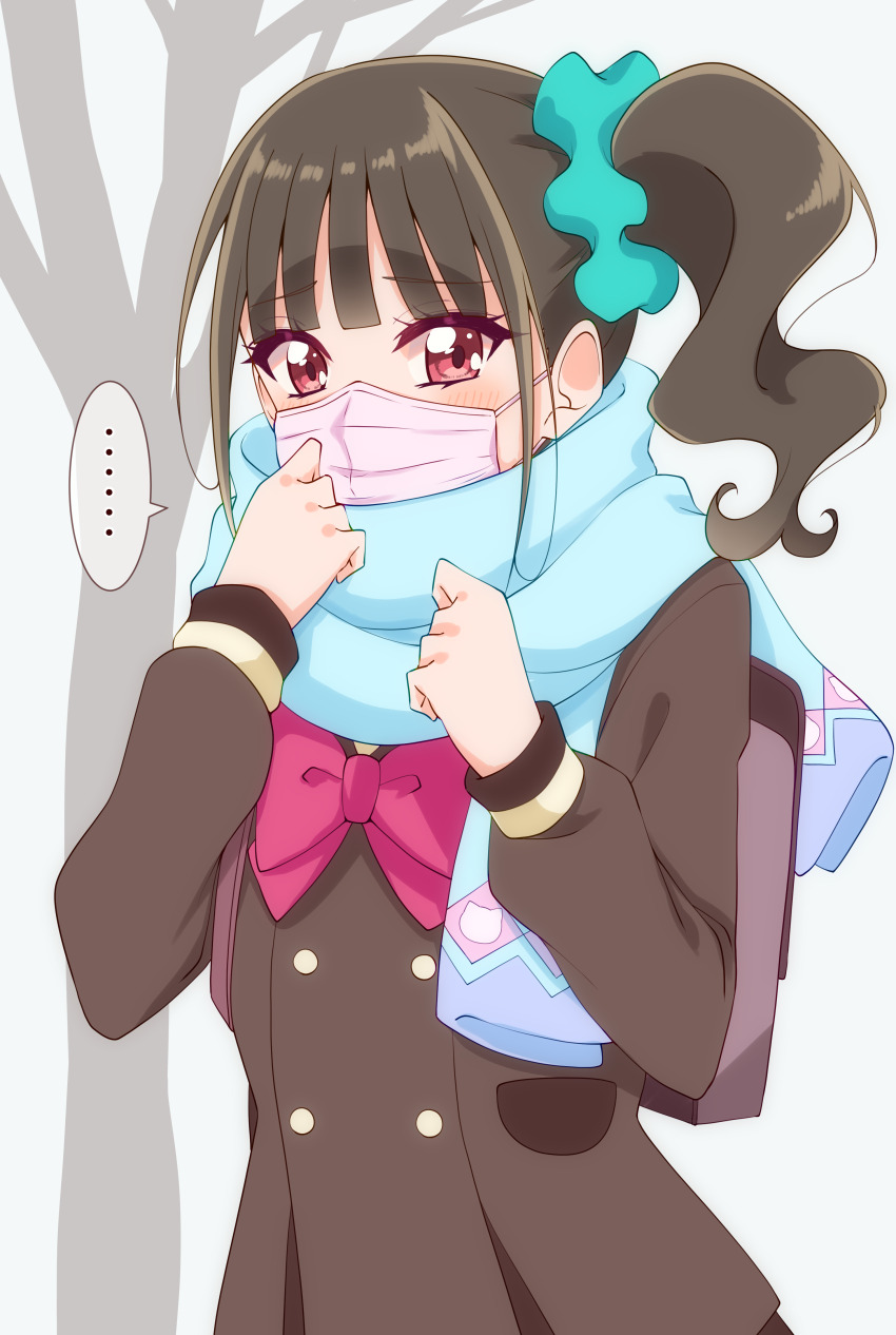 1girl aqua_scrunchie bag blush bowtie brown_bag brown_cardigan brown_hair cardigan long_hair long_sleeves multicolored_clothes multicolored_scarf nekoyashiki_mayu pink_bow pink_bowtie pink_mask precure red_eyes scarf school_bag school_uniform scrunchie second_wangan_school_uniform shirt side_ponytail solo sugimura_mickey upper_body wonderful_precure! yellow_shirt