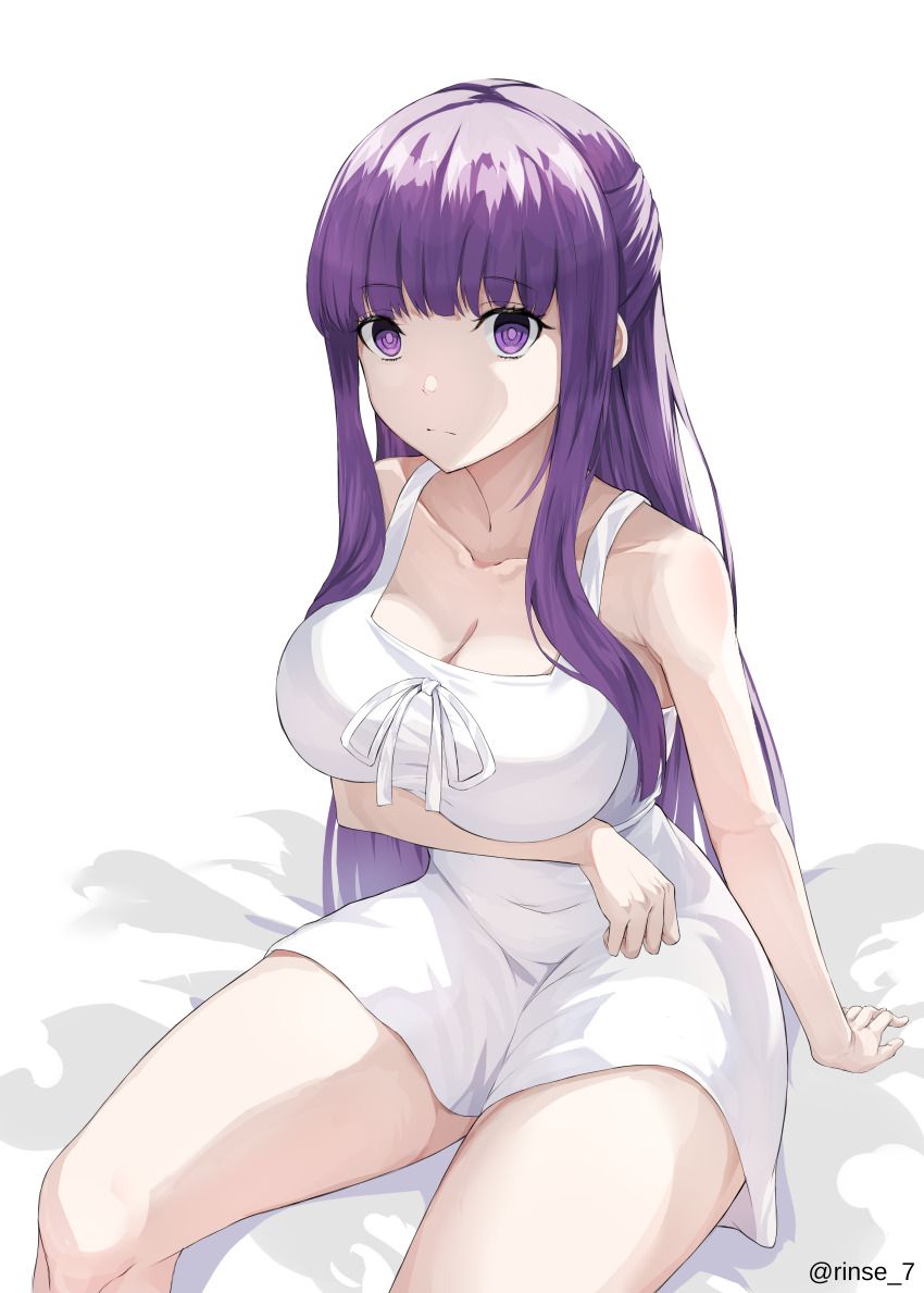 1girl absurdres arm_under_breasts bed_sheet blunt_bangs breasts cleavage closed_mouth collarbone dress fern_(sousou_no_frieren) highres large_breasts long_hair looking_at_viewer purple_eyes purple_hair rinse_7 sidelocks simple_background sitting solo sousou_no_frieren very_long_hair white_background white_dress