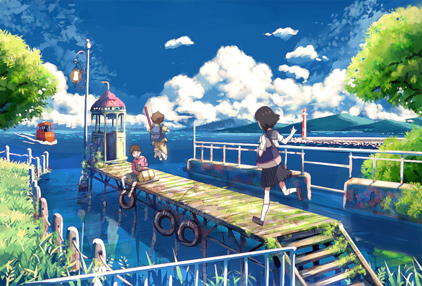 1girl 2boys boat brown_hair cloud day grass inumaru_(sougen_no_marogoya) multiple_boys nature pier railing rails school_uniform sky streetcar tree water watercraft