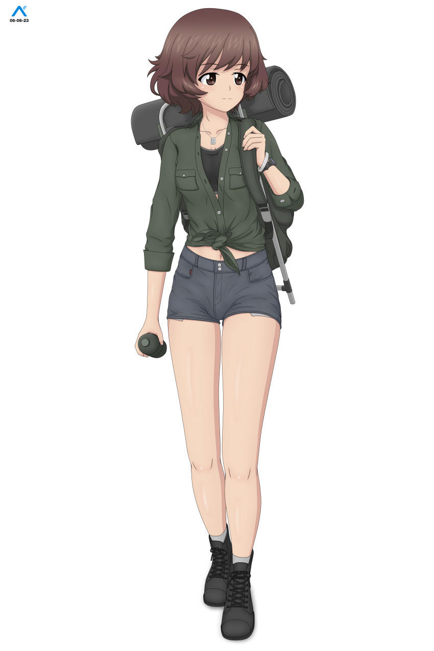 1girl absurdres acrux akiyama_yukari ankle_boots ankle_socks artist_logo backpack bag black_footwear black_sports_bra boots bottle brown_eyes brown_hair closed_mouth commentary cutoffs dated denim denim_shorts dog_tags english_commentary front-tie_top full_body girls_und_panzer green_shirt grey_shorts grey_socks highres holding holding_bottle looking_to_the_side messy_hair midriff mixed-language_commentary navel partially_unbuttoned shirt short_hair short_shorts shorts socks solo sports_bra standing water_bottle