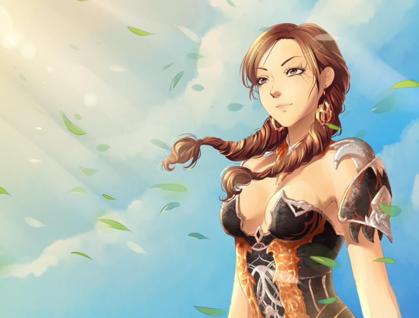 1girl aion armor bad_id bad_pixiv_id breasts brown_eyes brown_hair cleavage cloud day female_focus kaminary leaf light_rays medium_breasts original pauldrons shoulder_armor sky solo sunbeam sunlight upper_body