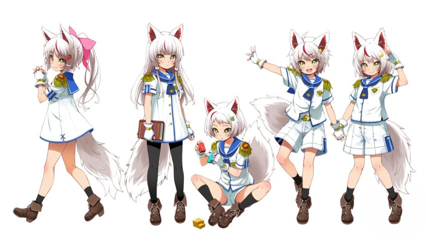 5girls ahoge akane_(harapeko_yousai) animal_ears belt_buckle black_pantyhose black_socks blue_sailor_collar book book_hair_ornament brown_footwear buckle crescent crescent_hair_ornament dress epaulettes erika_(harapeko_yousai) fingerless_gloves food-themed_hair_ornament fox_girl fruit_hair_ornament gloves haga_yui hair_ornament hair_ribbon harapeko_yousai_wa_isekai_de_dai_senkan_ga_tsukuritai:_world_of_sandbox holding holding_book holding_hands ichigo_(harapeko_yousai) long_hair multicolored_hair multiple_girls necktie official_art olive_(harapeko_yousai) on_floor pantyhose ponytail puzzle ribbon sailor_collar second-party_source shirt short_hair shorts single_hair_streak sitting socks star_(symbol) star_hair_ornament strawberry_hair_ornament streaked_hair tail utsugi_(harapeko_yousai) white_background white_dress white_shirt white_shorts