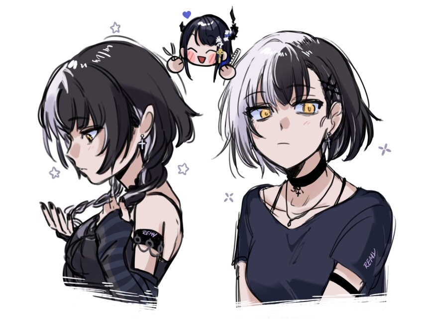 2girls alternate_hair_length alternate_hairstyle anchor_symbol animal_ears arm_support black_arm_warmers black_choker black_hair black_nails black_shirt blush bra_strap braid breasts chibi chibi_inset choker closed_mouth colored_inner_hair comb crystal_horns demon_horns dress earrings expressionless flower hair_ornament highres holding holding_comb holding_scissors hololive hololive_english horn_flower horns jewelry light_frown long_hair low_twin_braids medium_breasts multicolored_hair multiple_girls necklace nerissa_ravencroft open_mouth pink_nails remy_kon scissors shiori_novella shirt short_hair short_sleeves sleeveless sleeveless_dress smile solo_focus split-color_hair striped_arm_warmers t-shirt tassel tassel_hair_ornament twin_braids two-tone_hair virtual_youtuber white_hair yellow_eyes