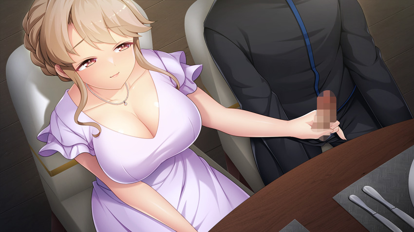 1girl blonde_hair blush boku_to_okusan_no_hatsujou_koubi_nikki_~katei_kyoushi_wa_tonari_no_bijin_tsuma~ breasts censored chair cleavage eyebrows_hidden_by_hair from_above game_cg handjob indoors large_breasts legs looking_at_another looking_to_the_side mosaic_censoring original penis pink_eyes sitting table thighs urute