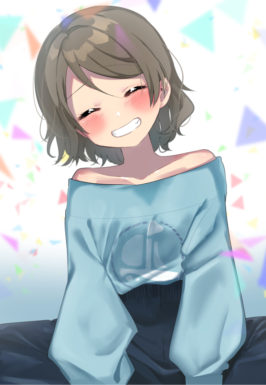 1girl bare_shoulders blue_eyes blush brown_hair closed_eyes highres long_sleeves looking_at_viewer love_live! love_live!_sunshine!! short_hair simple_background smile solo sweater teeth watanabe_you yuama_(drop)