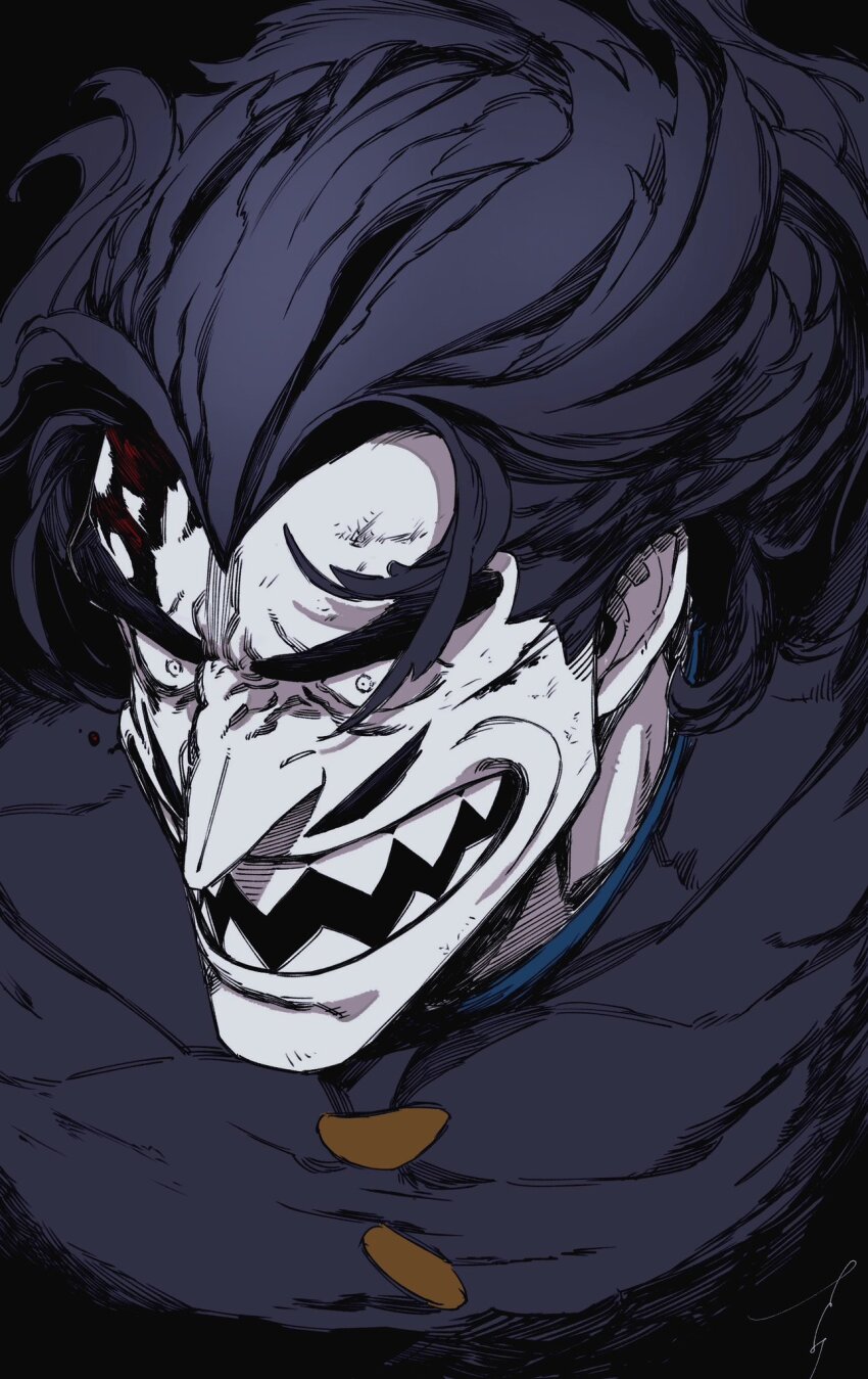 1boy aquiline_nose black_eyes black_hair blood blood_on_face colored_skin crazy_smile cropped_torso cuts desha_(ousama_ranking) facial_hair floating_hair grey_skin highres huge_eyebrows injury looking_ahead male_focus medium_hair mullet muscular muscular_male mustache ousama_ranking pencil_mustache portrait sanpaku sashimi_oran sharp_teeth smile solo teeth