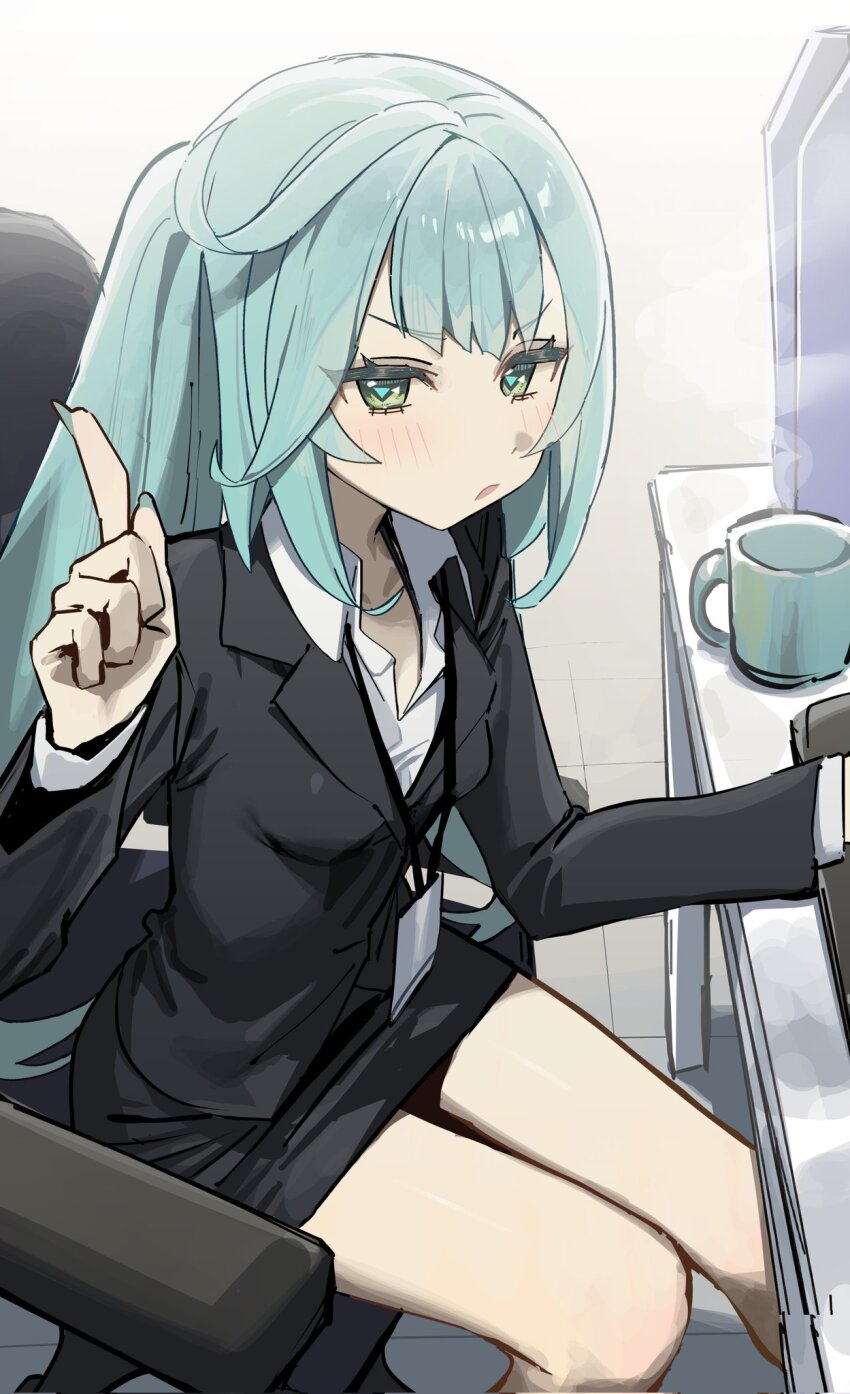 1girl black_jacket black_skirt blue_hair chair closed_mouth collared_shirt commentary_request computer_keyboard contemporary cup desk faruzan_(genshin_impact) feet_out_of_frame formal_clothes genshin_impact green_eyes hand_up highres index_finger_raised indoors jacket lanyard long_hair long_sleeves looking_at_viewer mug office_chair on_chair pencil_skirt ponytail shirt skirt skirt_suit solo suit swivel_chair syhan very_long_hair white_shirt