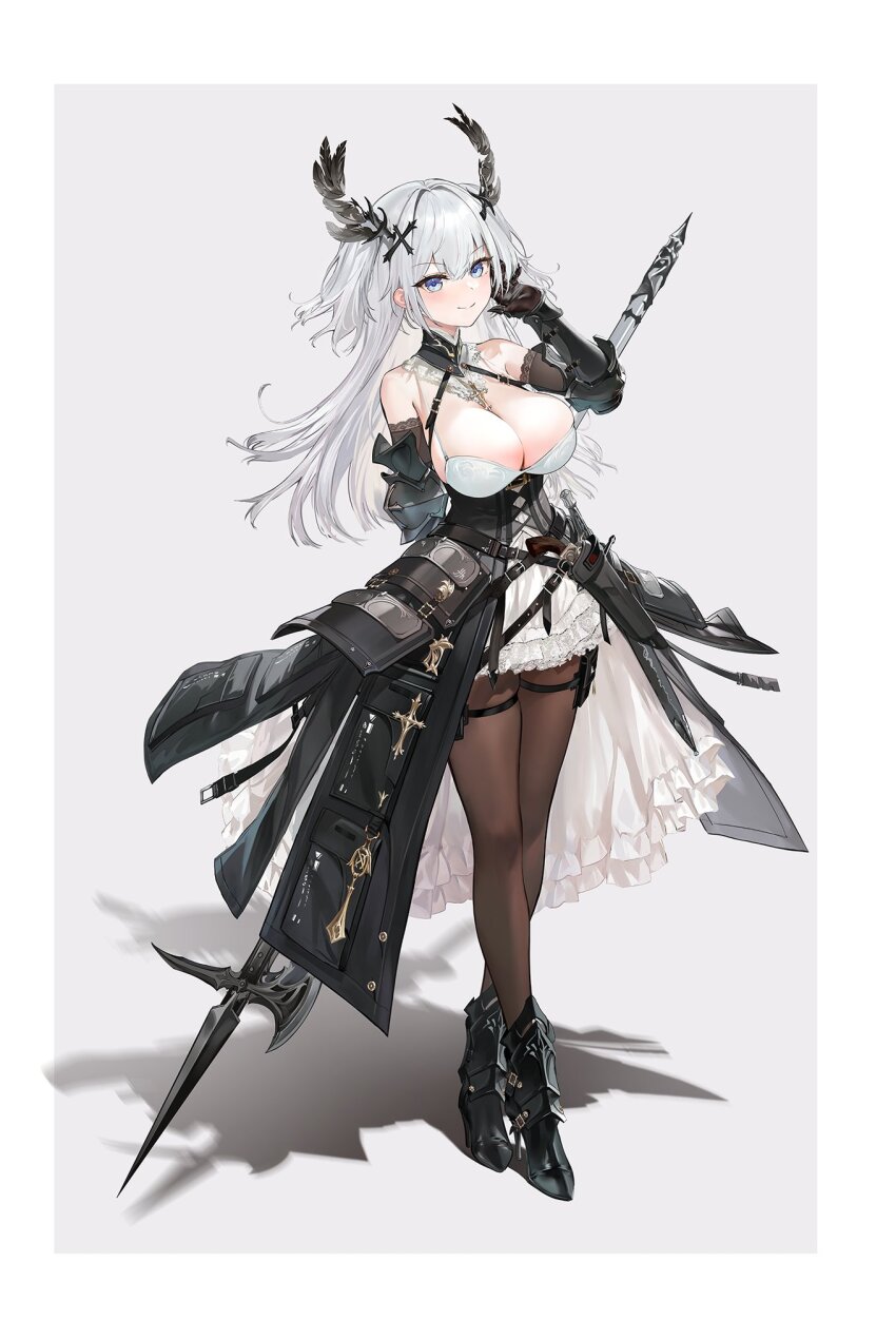 1girl arm_armor arm_behind_back armored_boots black_feathers black_footwear black_gloves black_pantyhose blue_eyes blush boots border breasts cleavage closed_mouth commentary_request cross_hair_ornament crossed_legs detached_sleeves dress feather_hair_ornament feathers feifeifeihai gloves hair_ornament hand_in_own_hair highres lace lace-trimmed_dress lace_trim large_breasts long_hair looking_at_viewer original pantyhose polearm pouch shadow sleeveless sleeveless_dress solo spaghetti_strap thigh_pouch watson_cross weapon weapon_behind_back white_border white_hair