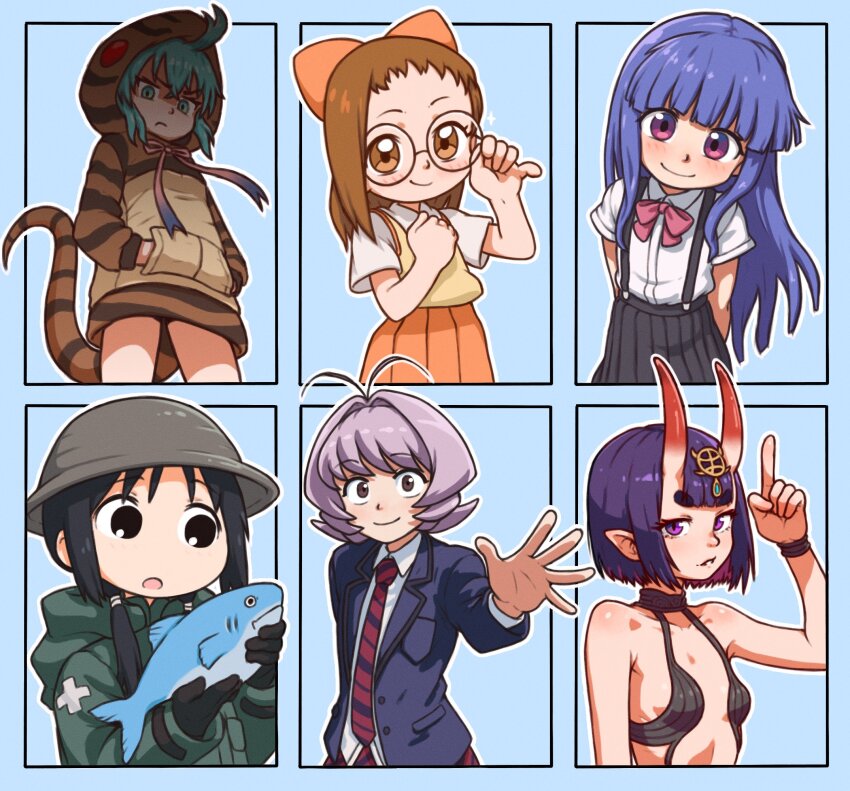 1other 5girls adjusting_eyewear androgynous animal antenna_hair beachepisode black_eyes black_gloves black_hair black_skirt blue_background blunt_bangs blush bow breasts brown_eyes brown_hair chito_(shoujo_shuumatsu_ryokou) closed_mouth coat collarbone collared_shirt fate/grand_order fate_(series) fish frown fujiwara_hazuki furude_rika glasses gloves green_coat green_eyes green_hair hair_bow hands_in_pockets highres higurashi_no_naku_koro_ni holding holding_animal holding_fish hood hood_down hood_up hoodie horns index_finger_raised kemono_friends komi-san_wa_komyushou_desu long_hair long_sleeves looking_at_viewer medium_hair multiple_girls necktie ojamajo_doremi open_mouth orange_bow osana_najimi_(komi-san_wa_komyushou_desu) parted_lips pink_eyes pleated_skirt pointy_ears purple_hair revealing_clothes round_eyewear shirt short_hair short_sleeves shoujo_shuumatsu_ryokou shuten_douji_(fate) simple_background skirt small_breasts smile snake_girl snake_tail striped_necktie suspender_skirt suspenders tail thick_eyebrows tsuchinoko_(kemono_friends) white_shirt