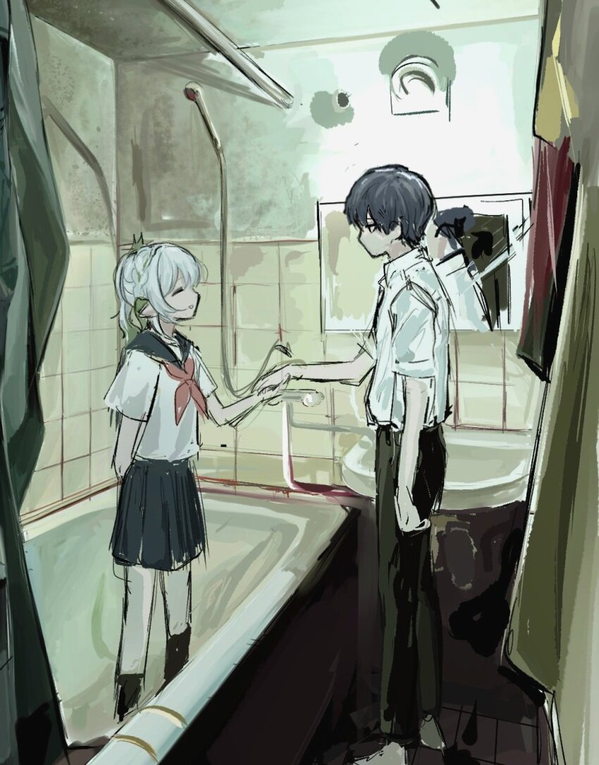 1boy 1girl alternate_costume arm_at_side arm_behind_back barefoot bathtub black_eyes black_hair black_pants black_sailor_collar black_skirt black_socks closed_eyes collared_shirt contemporary curtains genshin_impact green_hair hair_ornament half_crown_braid highres holding_hands horror_(theme) indoors kocokooo leaf leaf_hair_ornament long_hair looking_at_another mirror nahida_(genshin_impact) neckerchief no_reflection open_mouth pants pleated_skirt pointy_ears red_neckerchief reflection sailor_collar scaramouche_(genshin_impact) school_uniform serafuku shirt short_sleeves shower_head side_ponytail sidelocks sketch skirt socks standing tile_wall tiles white_hair white_serafuku white_shirt