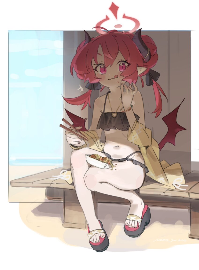 1girl alternate_costume beach bikini black_bikini blue_archive bracelet chopsticks demon_wings double_bun eating food food_on_face frilled_bikini frills hair_bun hair_ribbon halo highleg highleg_bikini horn_ornament horns jewelry junko_(blue_archive) low_wings navel necklace nemo_(leafnight) off-shoulder_shirt off_shoulder open_clothes open_shirt outdoors p: pink_eyes pointy_ears red_hair ribbon sandals shirt short_twintails sitting solo swimsuit tongue tongue_out twintails wings yakisoba