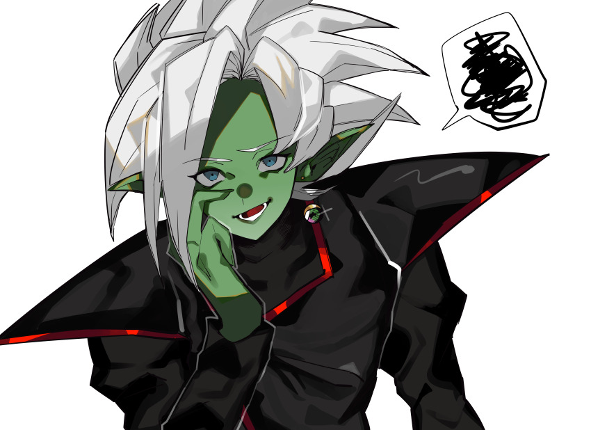 1boy absurdres black_bodysuit blue_eyes bodysuit colored_skin dragon_ball dragon_ball_super earrings fused_zamasu green_skin hand_on_own_face highres jewelry long_sleeves looking_at_viewer nantekotti open_mouth pointy_ears potara_earrings solo speech_bubble spiked_hair teeth white_background white_hair