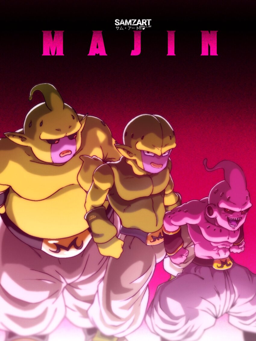 3boys artist_name baggy_pants black_sclera colored_sclera dragon_ball dragon_ball_daima hiagniraizuma highres hole_in_head majin_buu majin_duu majin_kuu male_focus multiple_boys muscular muscular_male pants pointing pointing_at_self pointy_ears red_eyes sharp_teeth teeth white_pants