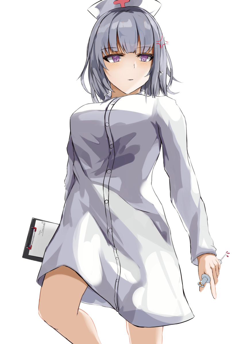 1girl absurdres alternate_costume breasts closed_mouth feet_out_of_frame girls&#039;_frontline grey_hair hat highres holding holding_notepad holding_syringe looking_away medium_breasts medium_hair notepad nurse nurse_cap purple_eyes rpk-16_(girls&#039;_frontline) solo spxn7787 standing syringe white_background