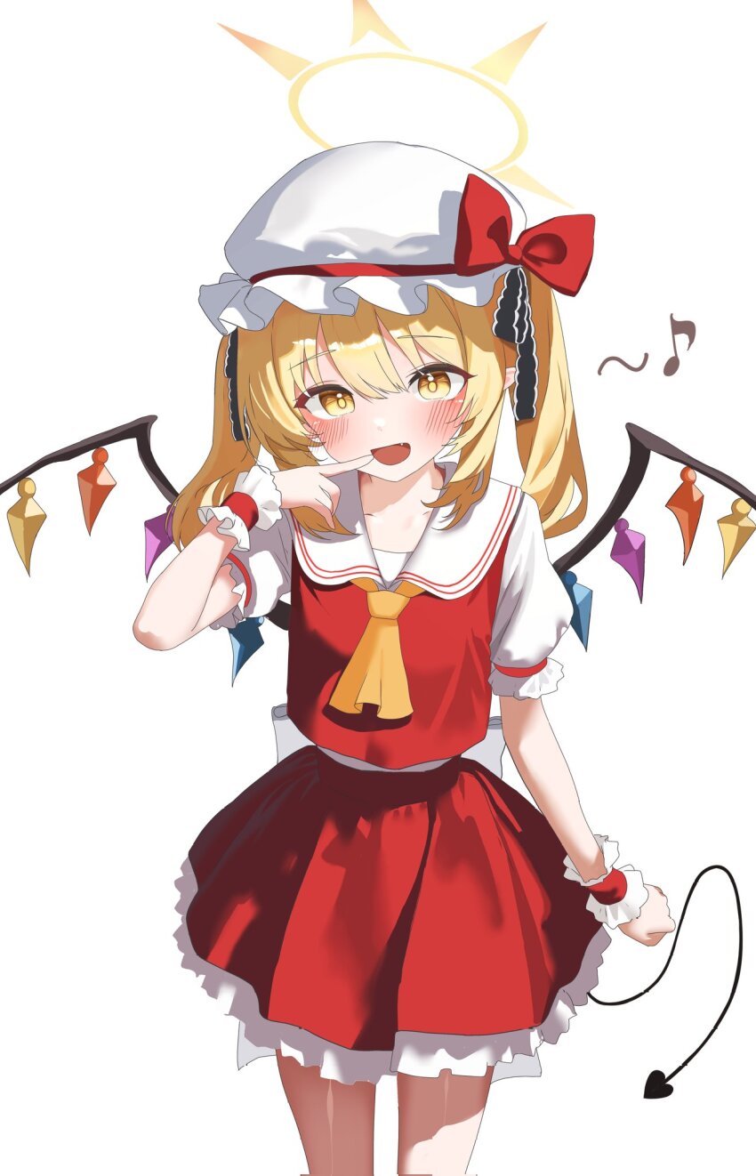 ascot blonde_hair blue_archive blush bow collarbone commentary_request corrupted_twitter_file cosplay demon_tail drawing_flover finger_to_mouth flandre_scarlet flandre_scarlet_(cosplay) frilled_wrist_cuffs frills hair_between_eyes halo hand_up hat hat_bow hat_ribbon highres ibuki_(blue_archive) long_hair looking_at_viewer mob_cap musical_note open_mouth orange_halo red_bow red_ribbon red_skirt ribbon skirt spade_(shape) tail touhou white_background wings wrist_cuffs yellow_ascot yellow_eyes