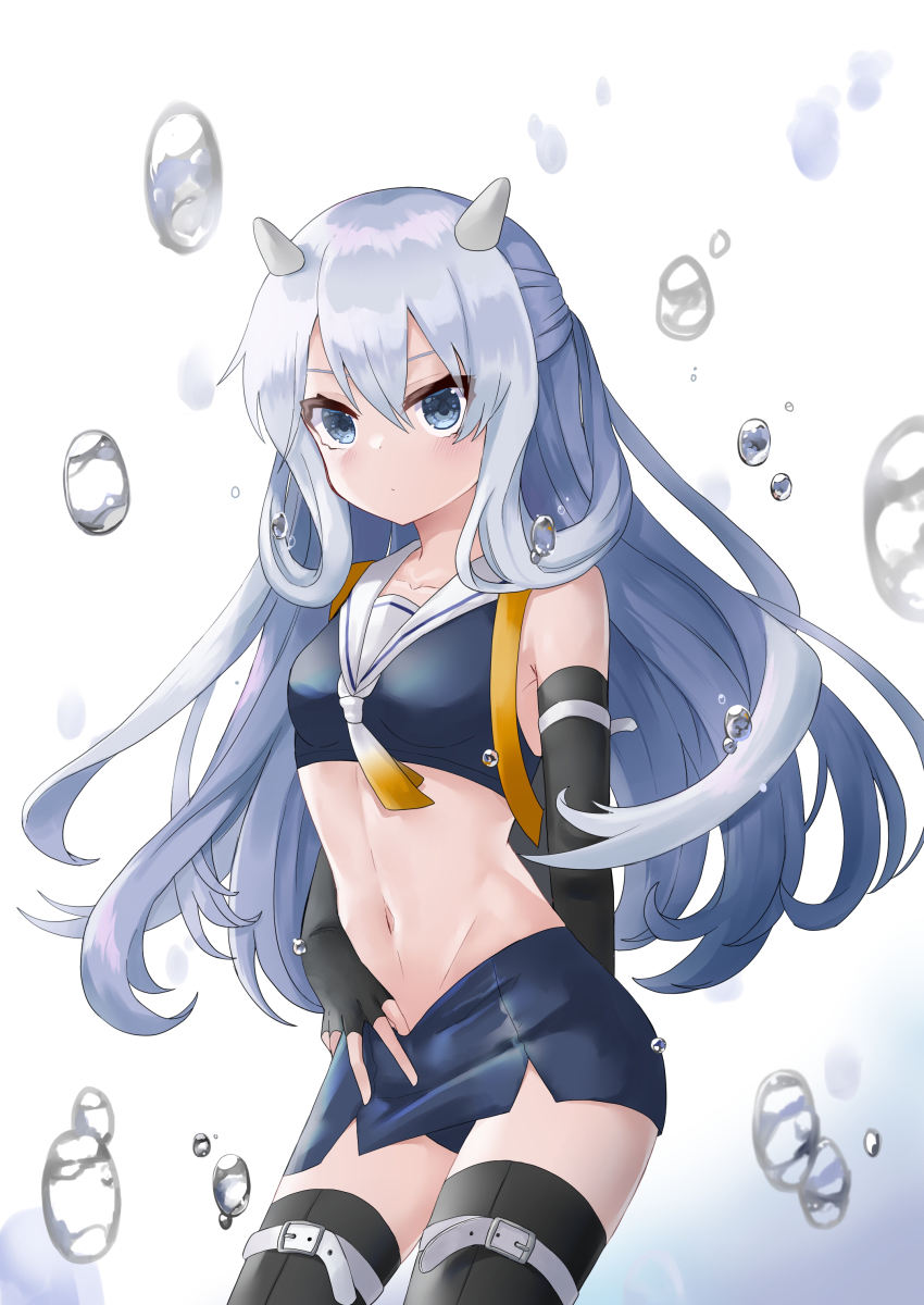 1girl absurdres black_gloves black_thighhighs blue_eyes blue_hair blue_skirt crop_top elbow_gloves fake_horns fingerless_gloves gloves gradient_neckerchief gradient_neckwear highres horned_headwear horns i-203_(kancolle) kantai_collection light_blue_hair long_hair midriff neckerchief nontraditional_school_swimsuit pencil_skirt sailor_collar school_swimsuit skirt sleeveless solo swimsuit thighhighs white_neckerchief white_sailor_collar whitestonenari yellow_neckerchief