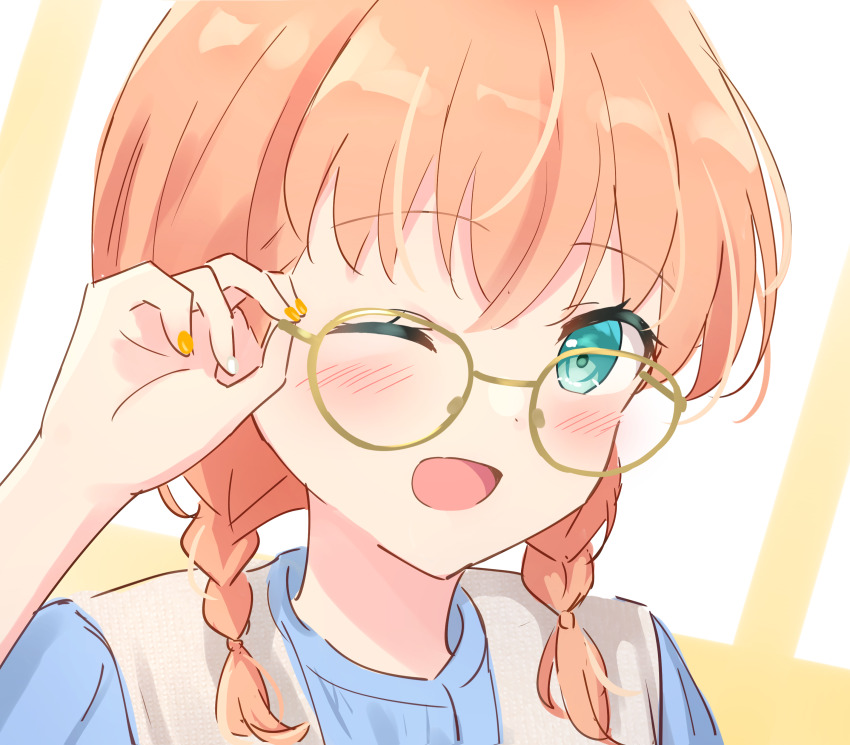 1girl ;d absurdres adjusting_eyewear alternate_hairstyle aqua_eyes bespectacled blue_shirt blush braid close-up commentary_request crossed_bangs glasses hanazora_satsuki highres hinoshita_kaho link!_like!_love_live! looking_at_viewer love_live! low_twin_braids medium_hair multicolored_nails one_eye_closed open_mouth orange_hair orange_nails portrait shirt smile solo twin_braids virtual_youtuber white_nails yellow-framed_eyewear