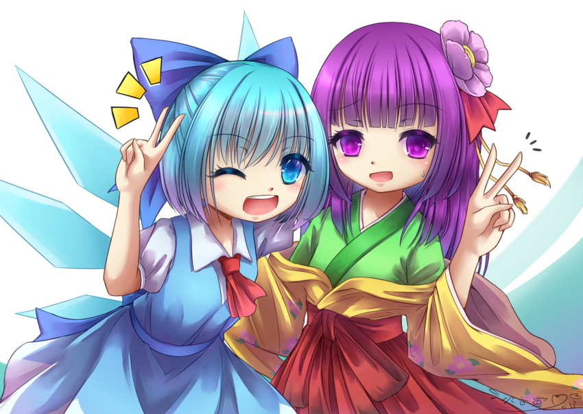 ;d blue_dress blue_eyes blue_hair blue_ribbon cirno commentary dress flower green_kimono hair_flower hair_ornament hair_ribbon hakama hakama_skirt hanasan520 hieda_no_akyuu highres ice ice_wings japanese_clothes kimono long_hair one_eye_closed open_mouth pinafore_dress pun purple_eyes purple_hair red_hakama ribbon shirt short_hair skirt sleeveless_dress smile sweatdrop touhou v white_shirt wings yellow_sleeves