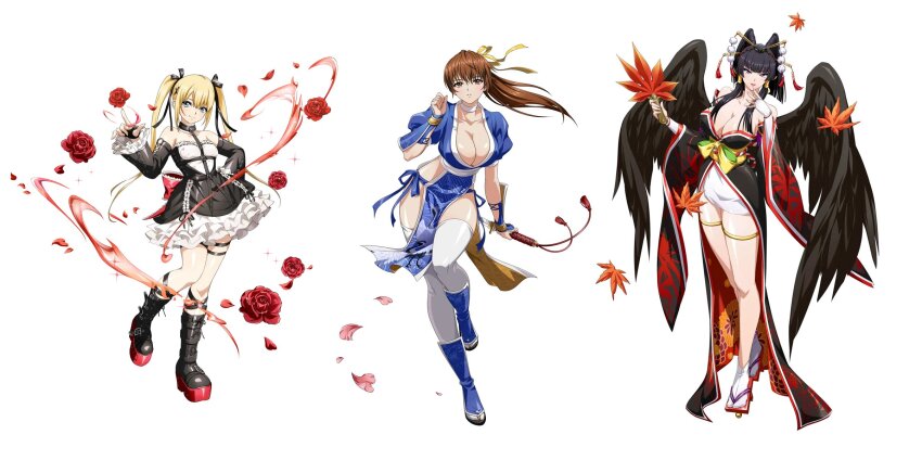 3girls black_dress black_hair black_kimono blonde_hair blue_kimono blunt_bangs breasts brown_hair cleavage dead_or_alive dress feathered_wings full_body geta hat highres japanese_clothes kasumi_(doa) kimono langrisser leaf_fan looking_at_viewer marie_rose mole mole_under_mouth multiple_girls ninja nyotengu purple_eyes simple_background solo tokin_hat twintails white_background wings