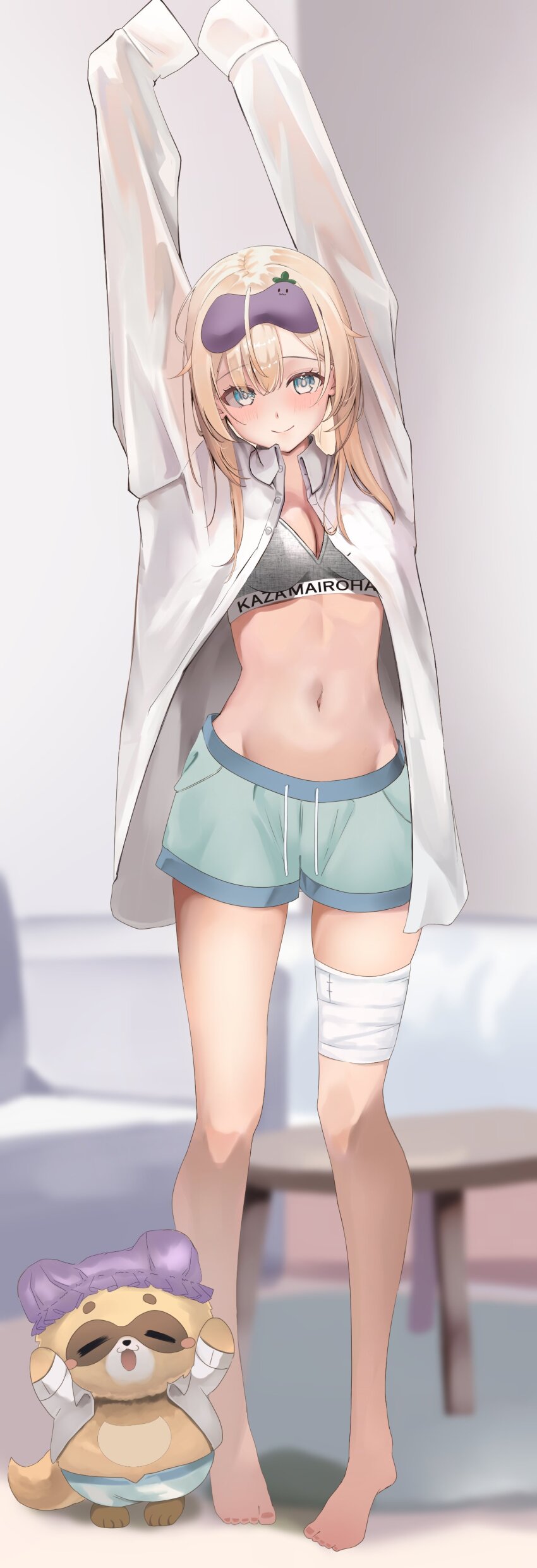 1girl absurdres alternate_costume black_bra blonde_hair blue_eyes blue_shorts blush bra breasts character_name cleavage clothes_writing highres hololive kazama_iroha long_hair looking_at_viewer navel nekoi_(nekoi_0116) pokobee shirt shorts small_breasts smile stretching underwear virtual_youtuber white_shirt