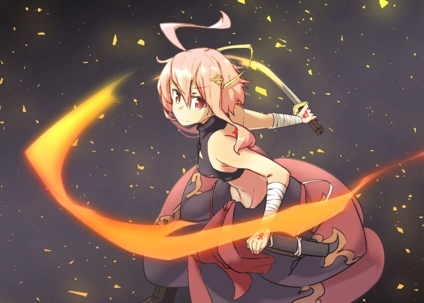 1girl ahoge argyle_cutout bandaged_arm bandages bare_shoulders black_background breasts cleavage closed_mouth clothing_cutout commentary_request crop_top fiery_background fire flaming_sword flaming_weapon fudou_yukimitsu_(tenka_hyakken) hair_ornament hand_tattoo looking_at_viewer mksk_69 pink_eyes pink_hair scabbard sheath short_hair short_hair_with_long_locks short_sword sleeveless smile solo sword tantou tattoo tenka_hyakken waist_cape weapon